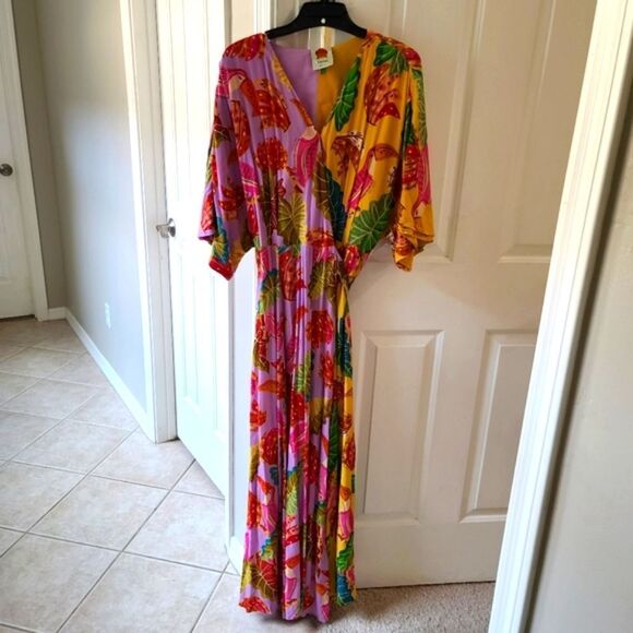 Farm Rio Women’s Mixed Beaks & Bananas Maxi Wrap Dress Size LARGE - Picture 1 of 10